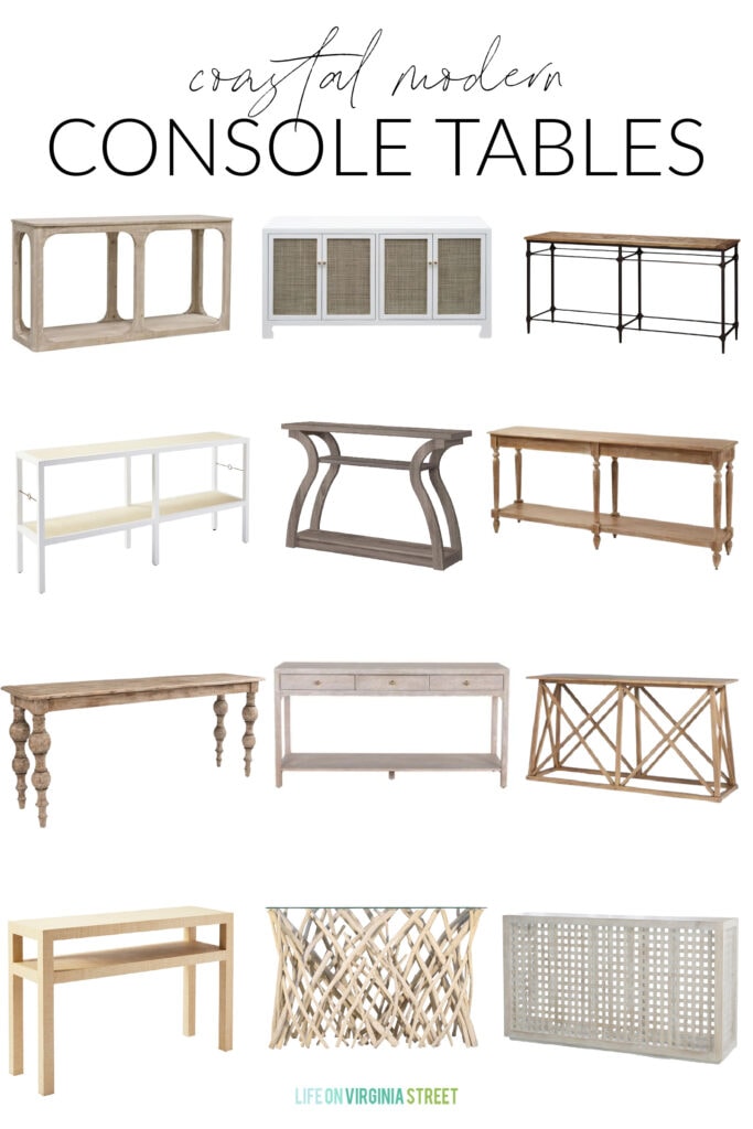 A collection of gorgeous coastal modern console tables that are perfect for an entryway or behind a sofa. Includes coastal styles like raffia tables, light wood tables, cane cabinets and more!