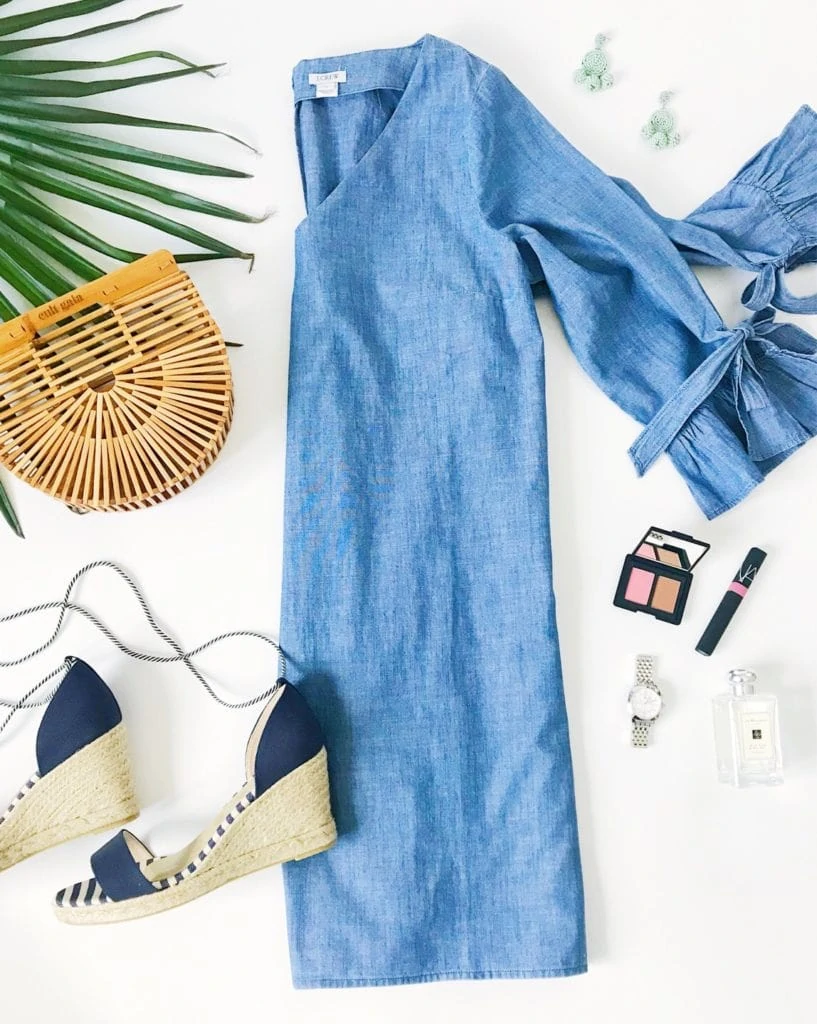 Chambray dress with ruffle bow sleeves, navy blue striped espadrilles, Cult Gaia mini ark bamboo handbag, best blush and bronzer combo, Michele watch, Jo Malone perfume, bead earrings and NARS lipgloss. Such a cute outfit for spring or summer!