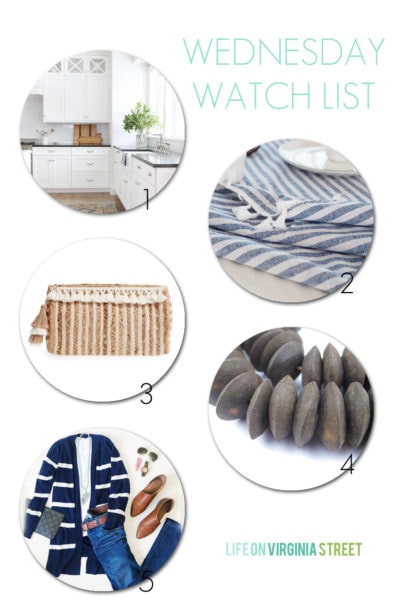 A collection of a beautiful white kitchen, a striped tablecloth with tassels, a striped straw clutch, bone beads, and a striped cardigan and spring outfit!