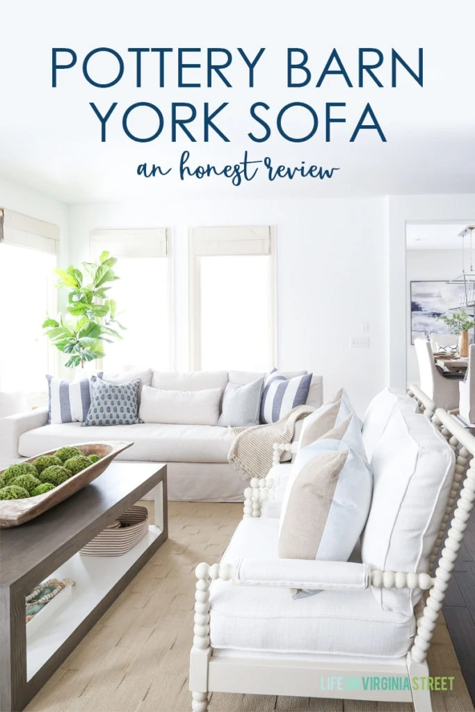 A detailed Pottery Barn York Sofa review from a homeowner that owns two of them. Such a gorgeous slope arm linen couch option! This honest review includes details on the best Pottery Barn couch fabric, how well it holds up to spills, and more!