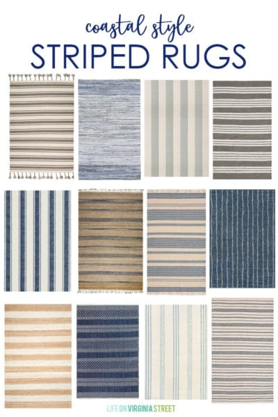 A collection of coastal style striped rugs that add a beachy charm to any indoor or outdoor space!
