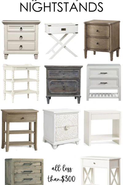 A collection of stylish and affordable nightstands that all cost less than $300. Many are actually under $250 and ship for free! Love the mix of wood and painted white night stand options!
