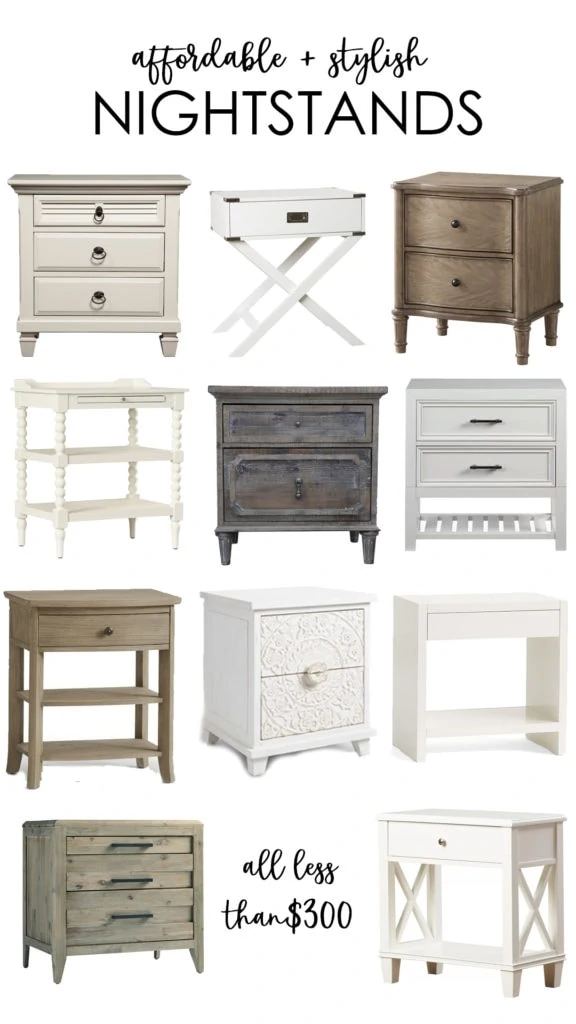 A collection of white, brown, gray and natural wood nightstands.