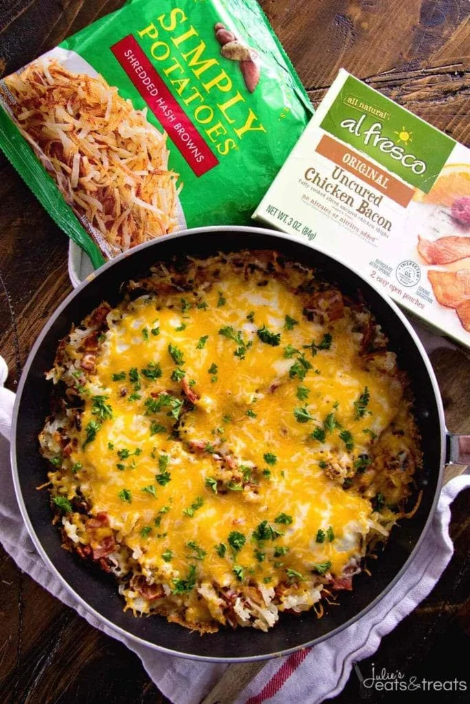 Hash brown, chicken bacon and cheese baked in a cast iron pan.