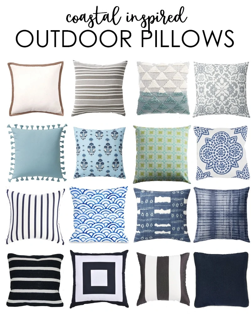 A collection of coastal inspired outdoor pillows graphic.