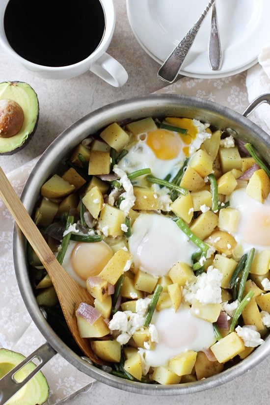 Green bean, potatoes and eggs in a pot for brunch.