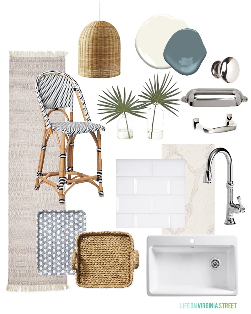 Coastal Kitchen Design Board. Includes bistro chairs, basket pendant lights, white beveled subway tile, Caesarstone Calcatta Nuvo countertops, chrome hardware, and green and white accents.