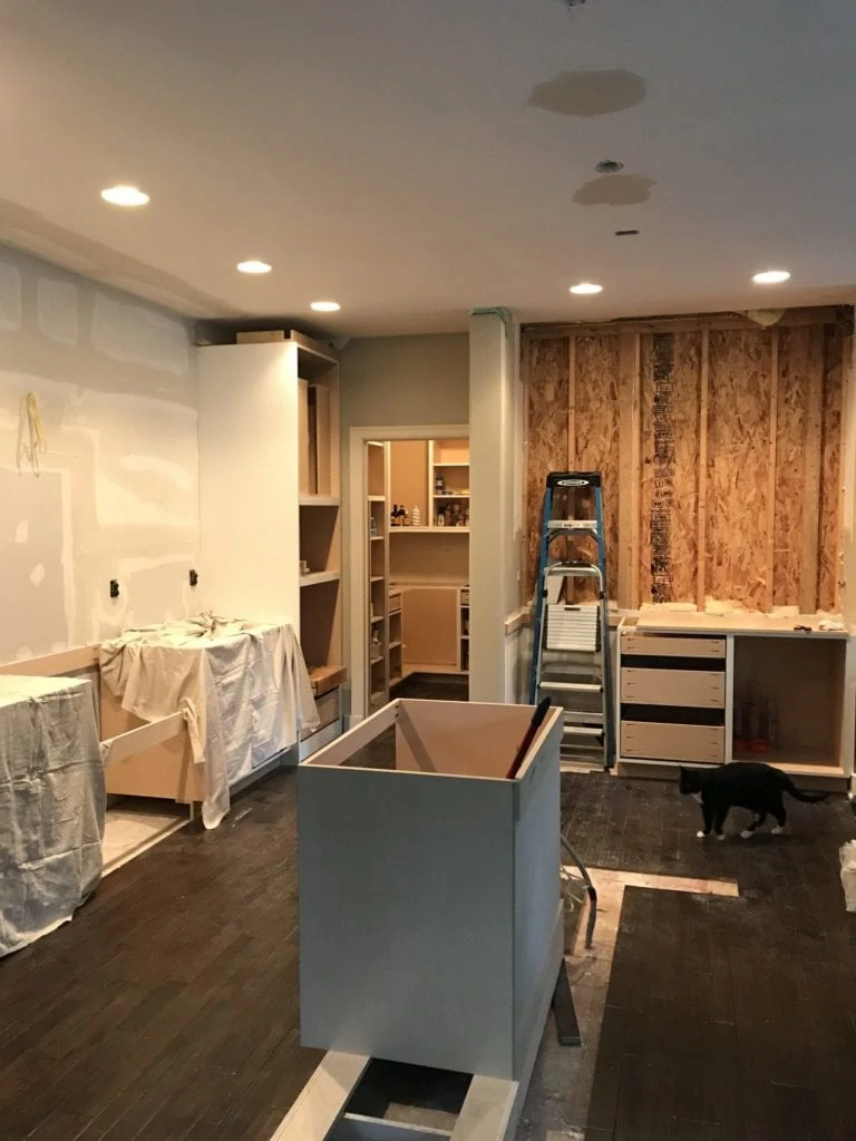 The beginning stages of putting together kitchen cabinets.