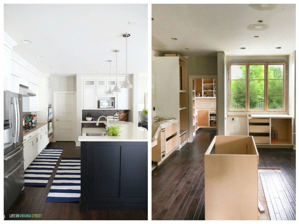 In one picture the completed kitchen and the second picture the building of the island.