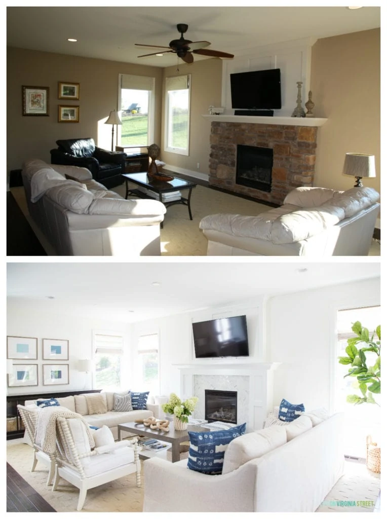 Neutral brown-toned living room, with ceiling fan, white couches and stone fireplace.  Bottom picture shows the living room painted white, transformed fireplace into white shaker style.