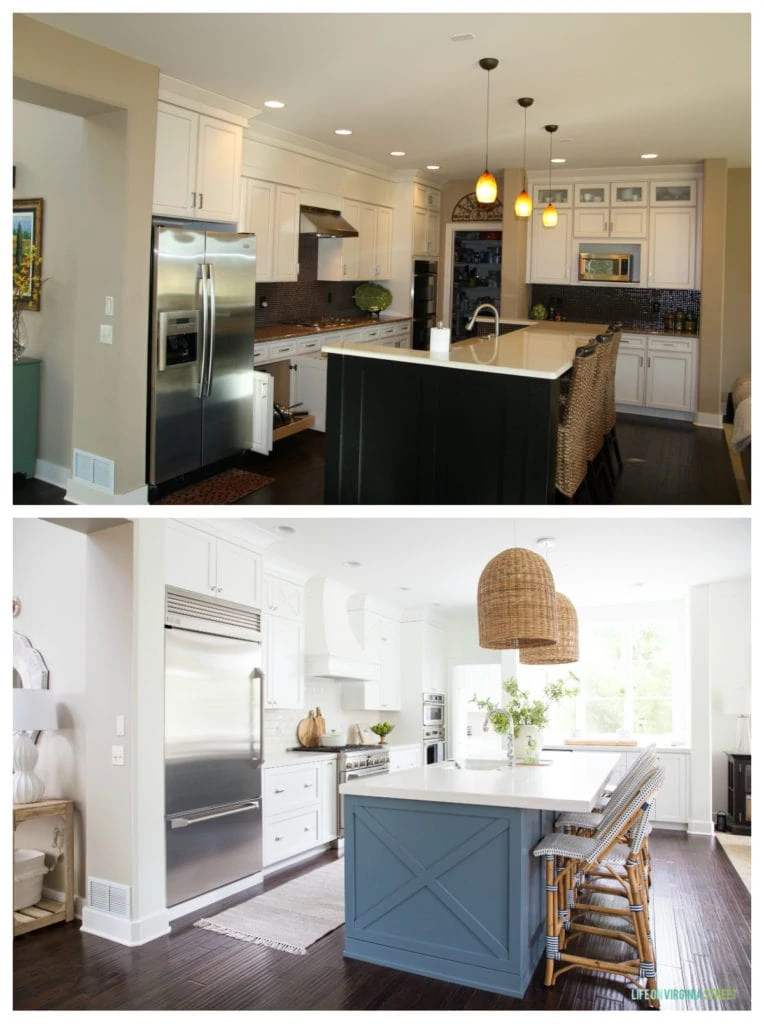 Before and after kitchen renovation! See how this dark Tuscan style kitchen was transformed into a light and bright coastal kitchen blue blue and white details!