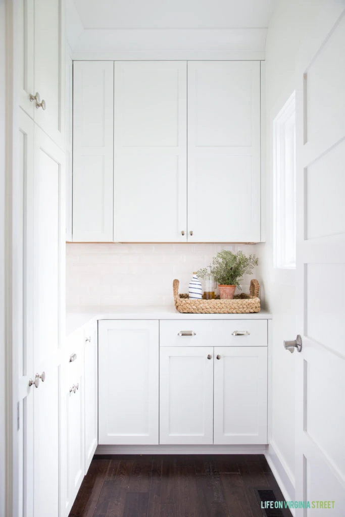 Pantry with built-in cabinets and quartz countertops.