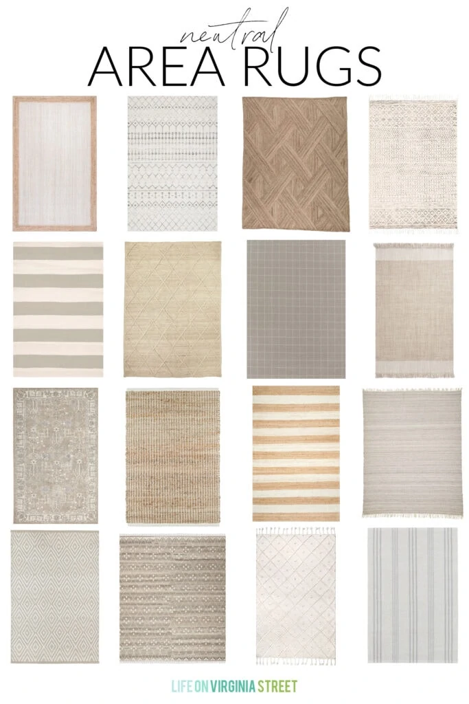 A collection of neutral rugs with a variety of patterns and textures.