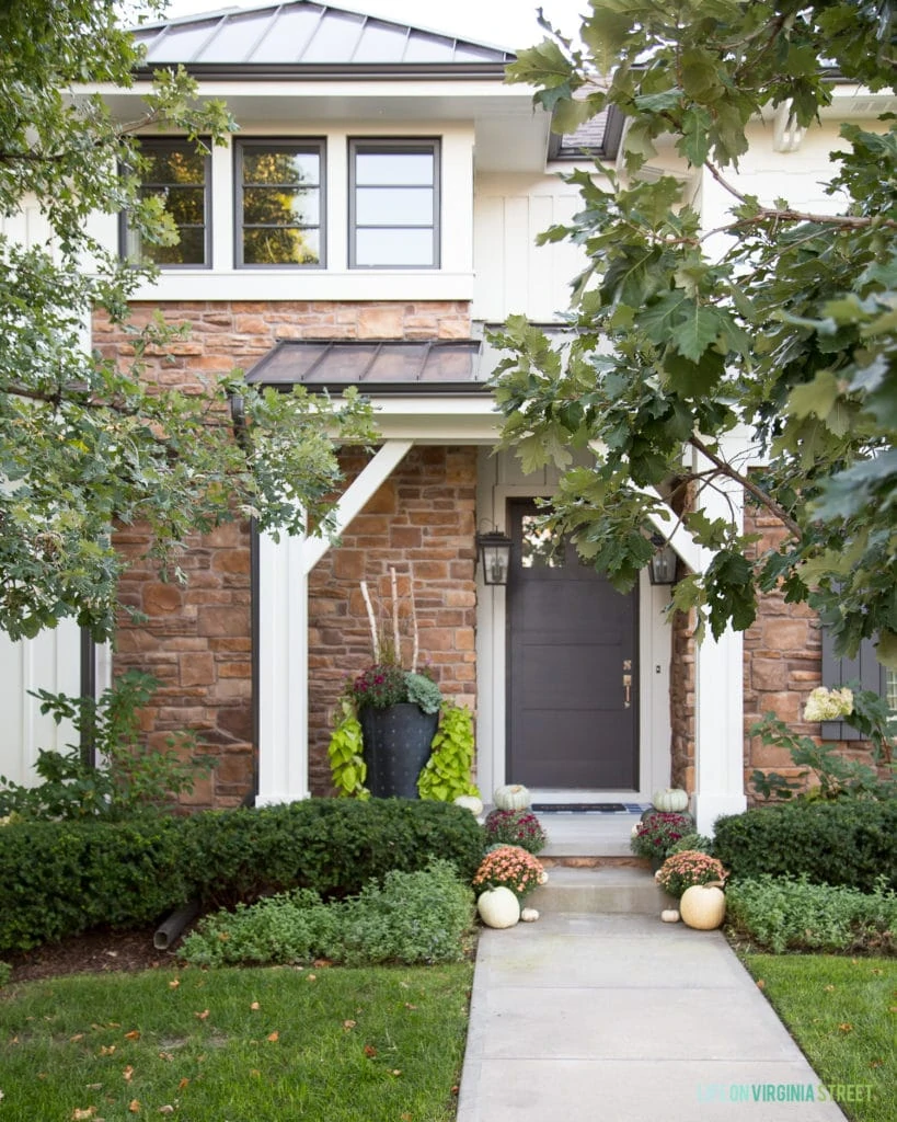 Front of a house with stone and dark brown front door flanked by large trees.