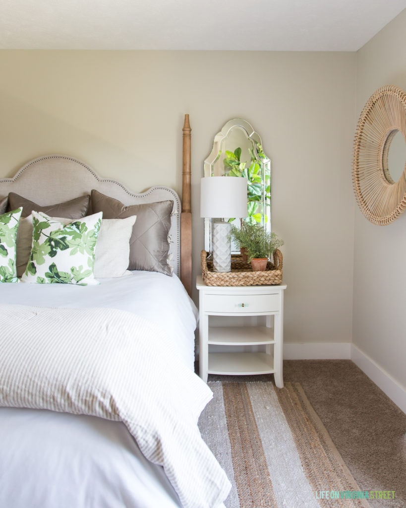 Neutral And Green Fall Guest Bedroom Life On Virginia Street Our Faux Fiddle Leaf Fig Tree Has Also Made The Rounds In Various Rooms House But I M Loving It Here For Now