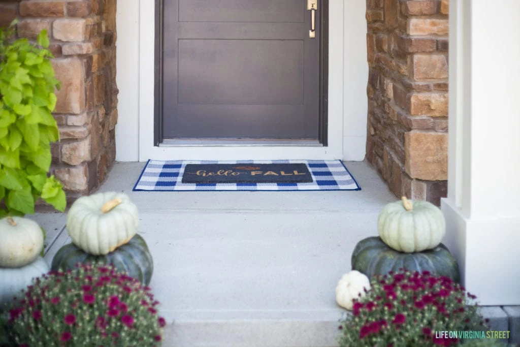 Blue and white buffalo mat on the front porch.