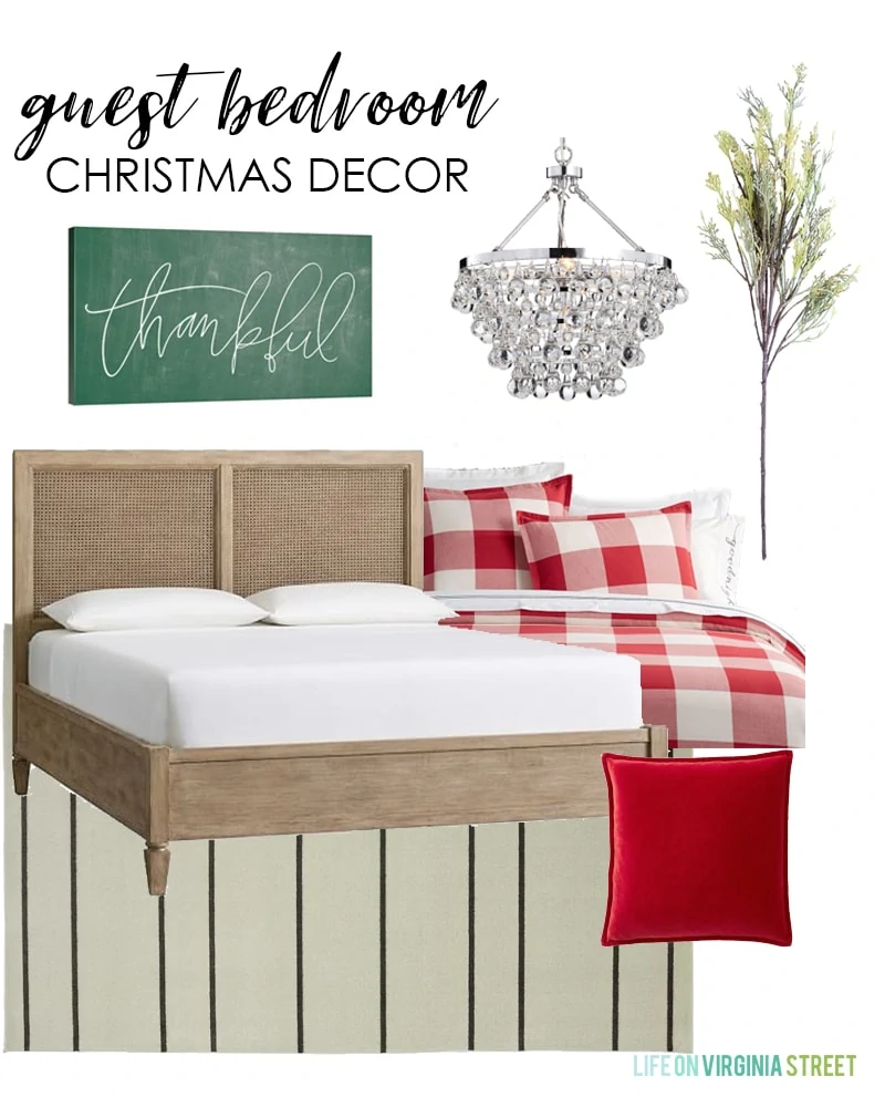 Guest bedroom mood board with handler, coastal looking bed, red tartan, and a chalkboard with thankful written on it.
