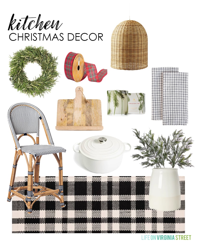 Kitchen Christmas Decor mood board, with a wicker chair, a plant, cutting board, ribbon and wreath.