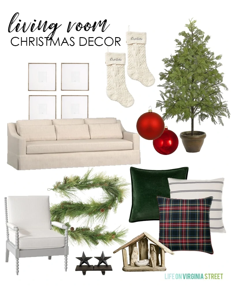 A Christmas living room design board withtartan plaid pillows mixed with dark green velvet on the linen sofa. A natural faux cypress tree paired with cedar garland.