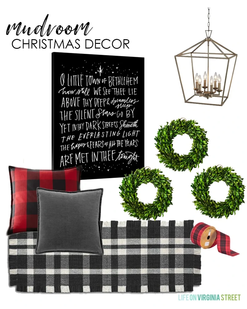 Mudroom decorating ideas. Black and white plaid rug paired with red buffalo check and velvet pillows. The 'O Little Town of Bethlehem' canvas pulls it all together with green boxwood wreaths!
