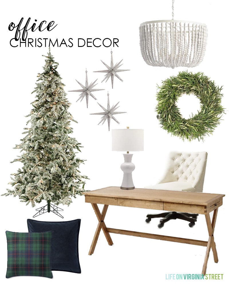 Office Christmas decor design board Plaid and velvet pillows and a live olive wreath!