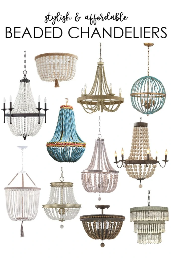 A collection of stylish and affordable beaded chandeliers. Love the various options of wood beads, crystal beads, turquoise beads, and more!