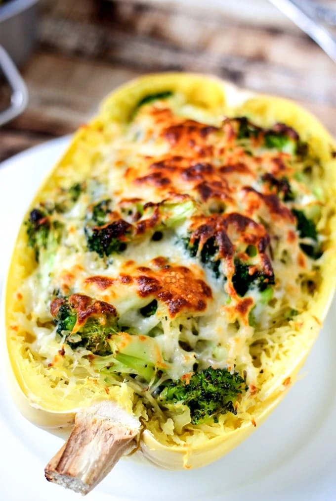 Broccoli Cheese Stuffed Spaghetti Squash that is baked with a crust on top.