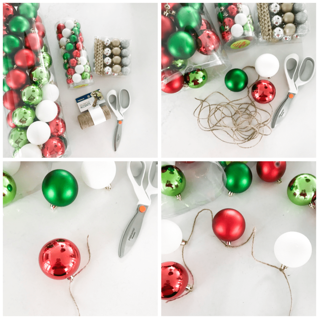 Supplies and tutorial for making a DIY Christmas ornament garland.