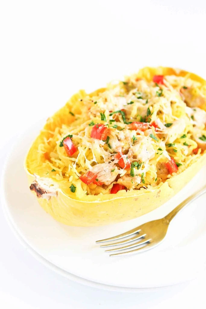 Pesto Chicken Stuffed Spaghetti Squash Recipe.