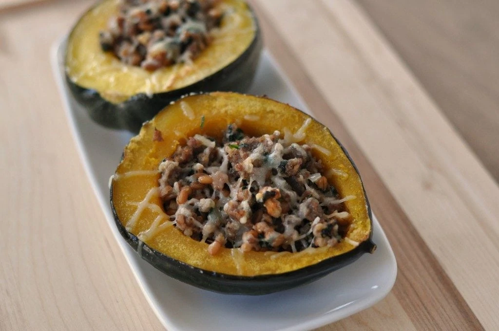 Sausage and spinach baked stuffed squash.