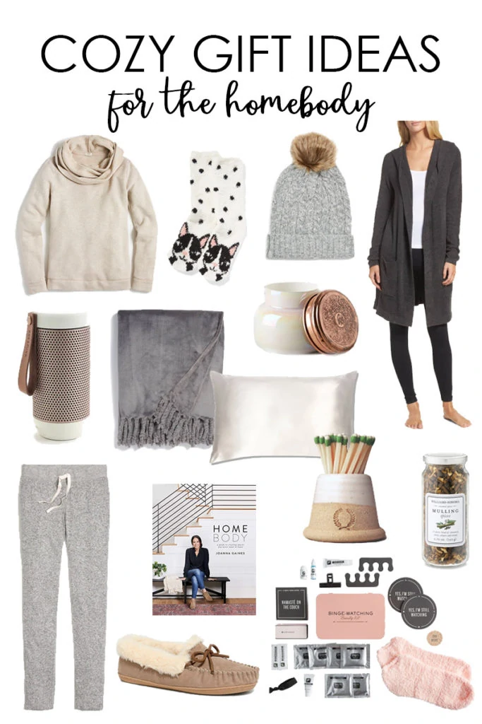 A collection of cozy gift ideas for the homebody poster, pictured sweaters, hats, candles, and scarves.