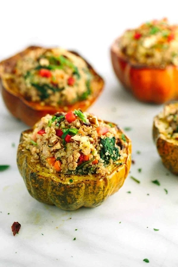 Roasted Acorn Squash With Turkey Quinoa Stuffing.