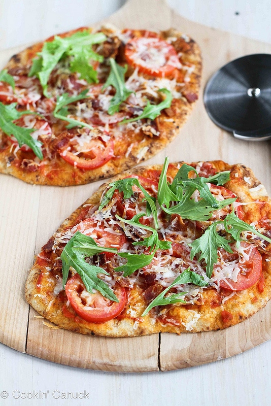 BLT Naan Pizza Recipe With Bacon, Arugula & Tomato