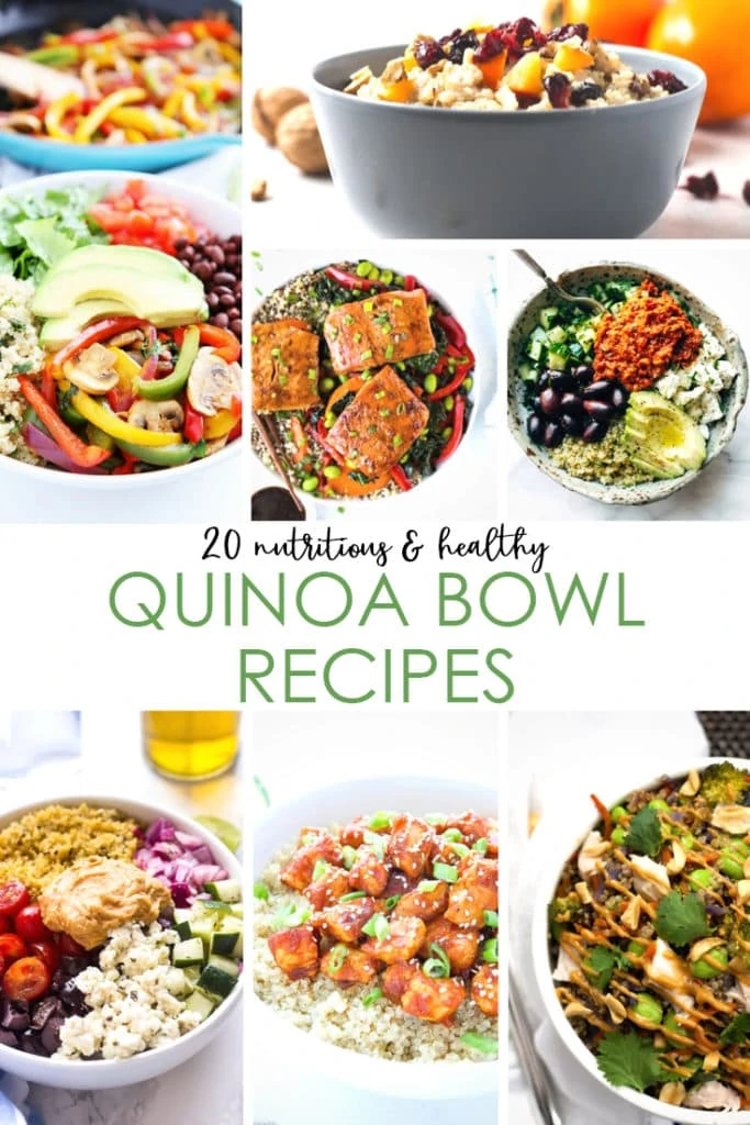 A collection of 20 nutritious and healthy quinoa bowl recipes. Quinoa is perfect for a gluten-free food choice and these meals for breakfast, lunch and dinner and an easy way to get plant-based protein!