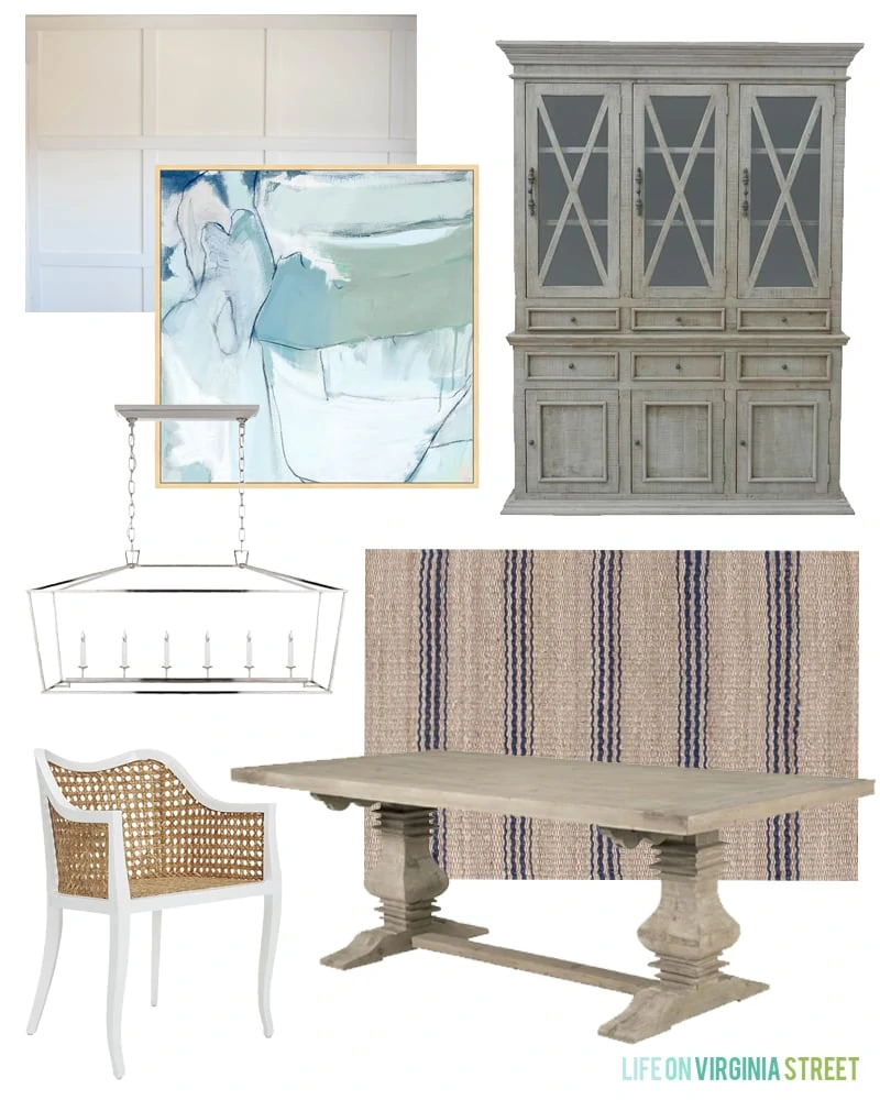 A modern coastal dining room design board featuring blue and green abstract art, white board and batten walls, a reclaimed wood hutch, Darlana linear pendant, navy blue striped rug, white and cane modern coastal dining chairs, and a wood table.