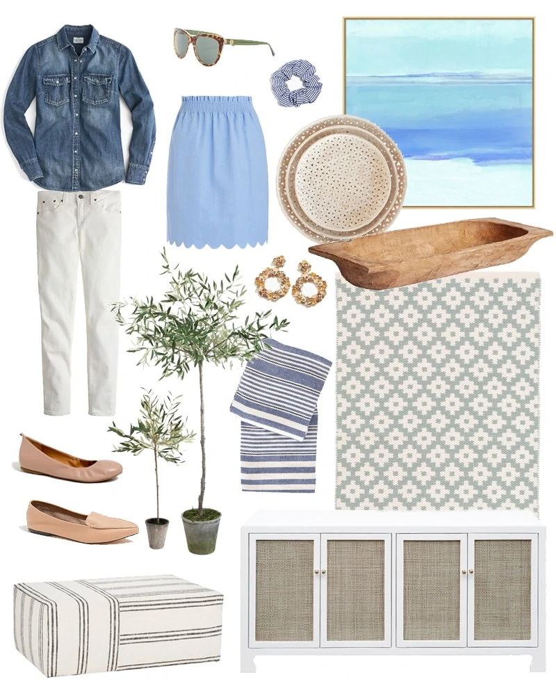 A collection of the best Presidents' Day Weekend sales along with a beautifully curated list of women's clothing and home decor. I love the blue abstract art, white and cane console table, faux olive trees, and blue scalloped skirt!