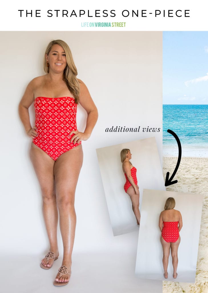 A woman in a red strapless bathing suit showing her front and back.