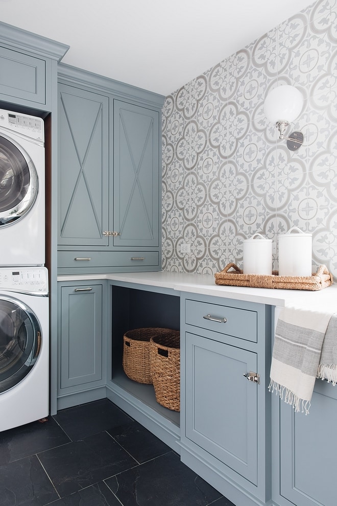 These Benjamin Moore Cloudy Sky laundry room cabinets are the perfect example of a blue gray paint colors!