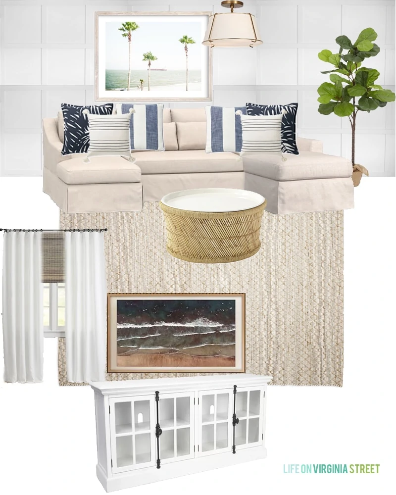Den design plans featuring a white board and batten grid wall, a linen sectional, palm tree art, striped pillows, a bamboo and jute coffee table, natural rug, white TV stand and more! Such a beautiful coastal inspired den design plan!