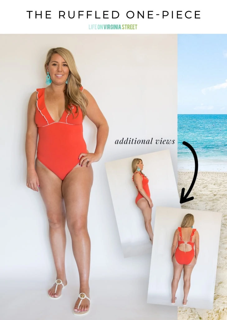 Red ruffled one-piece bathing suit on a woman with her hand on her hip showing the front and the back.