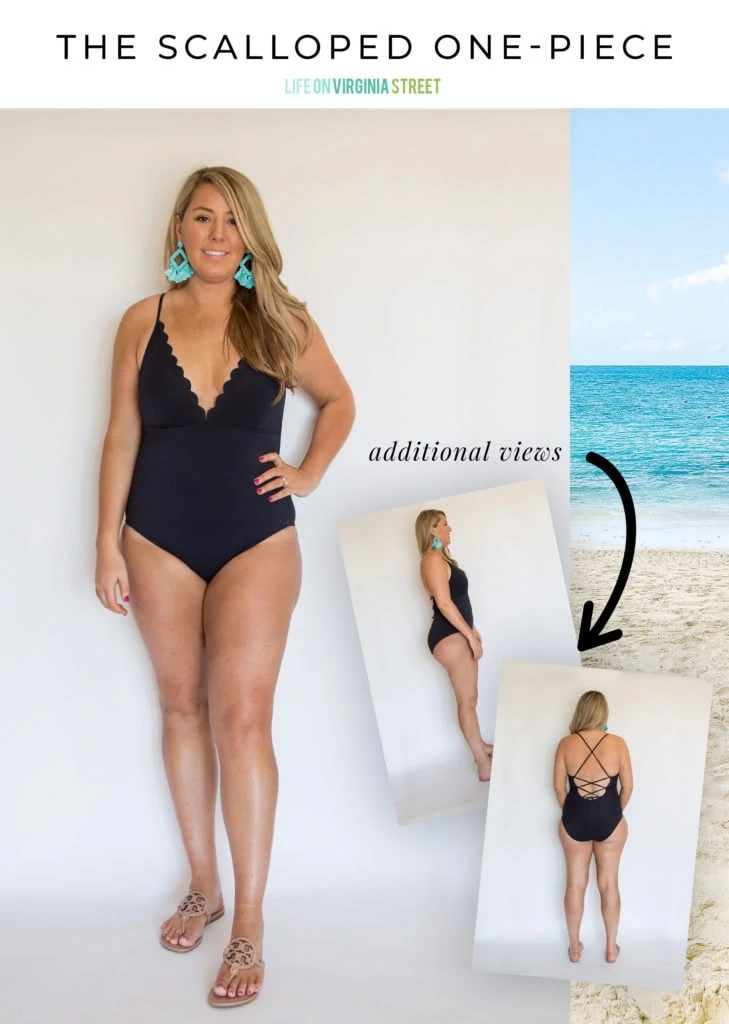 A scalloped one piece black bathing suit front and back.