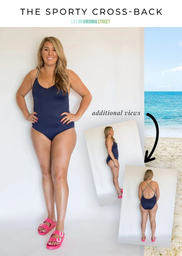 A blue one piece bathing suit with a cross back.