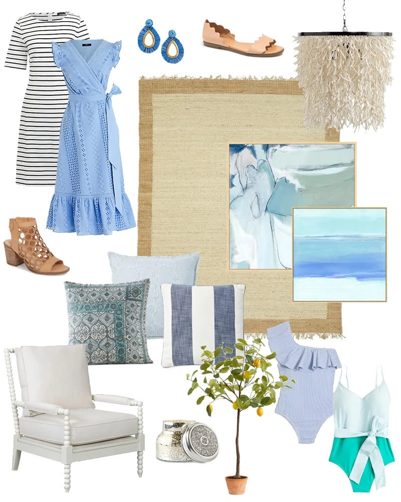 The best weekend sales for fashion and home decor! I love the coastal spring vibe of these items including the eyelet dress, striped dress, jute rug, coconut shell chandelier, faux lemon tree, spindle chair, blue abstract art and more!