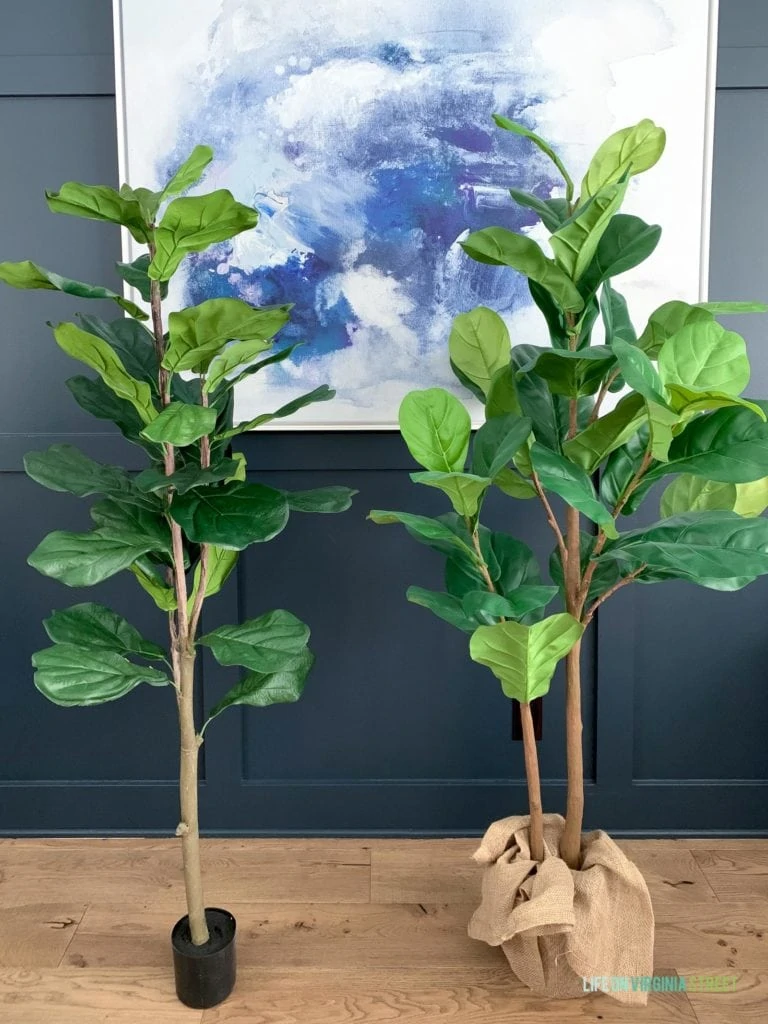 A QVC faux fiddle leaf fig tree compared to a Pottery Barn fake fiddle leaf fig tree.
