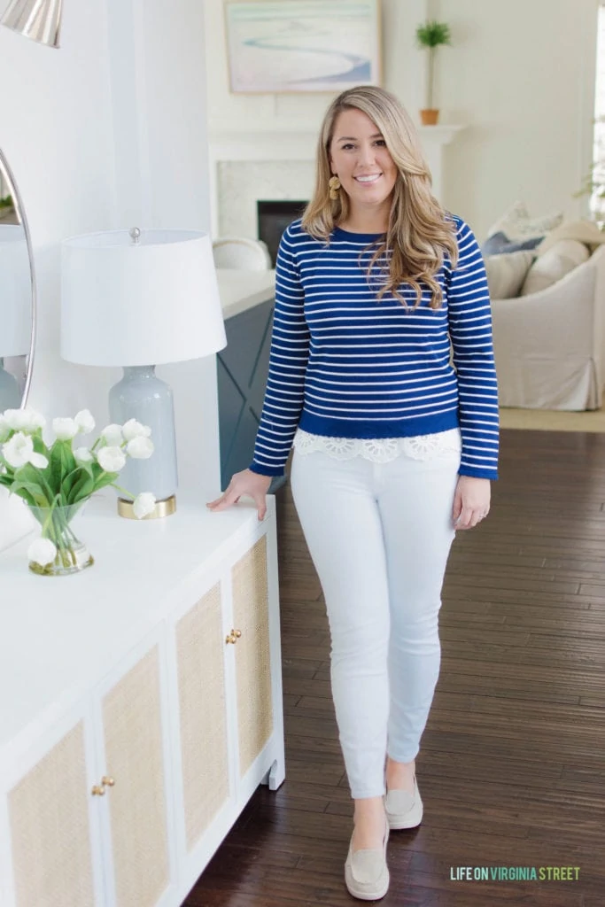 A blue and white striped sweater with eyelet trim at a price that can't be beat! I also love the memory foam canvas shoes and the gray and gold lamp with USB charger!