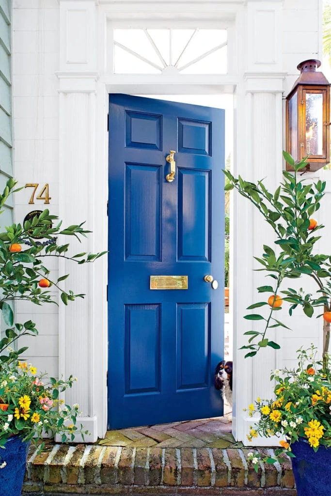 Bold Blue Door with Citrus Planters in front of it.