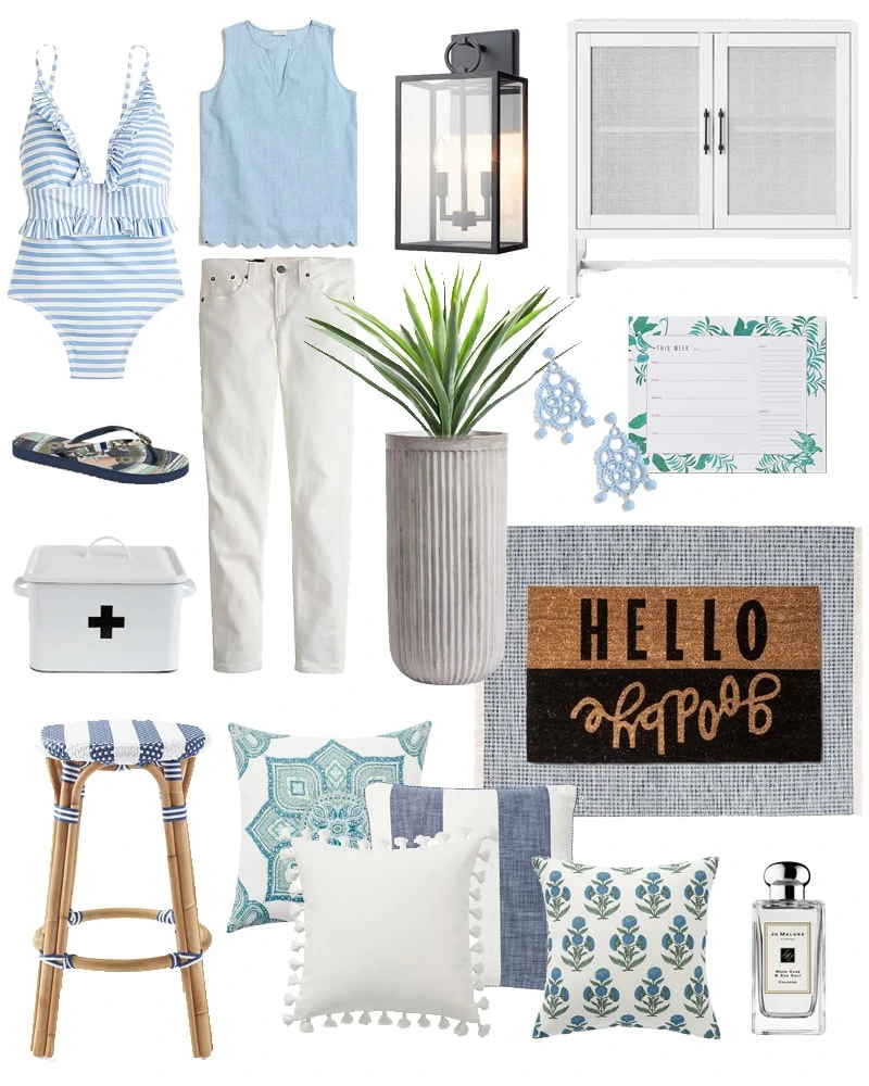 A collection of the best weekend sales! Love the coastal inspired mood board with blue and white clothing and bathing suit, white cane cabinet, striped bistro stool, and blue and white indoor and outdoor pillows!