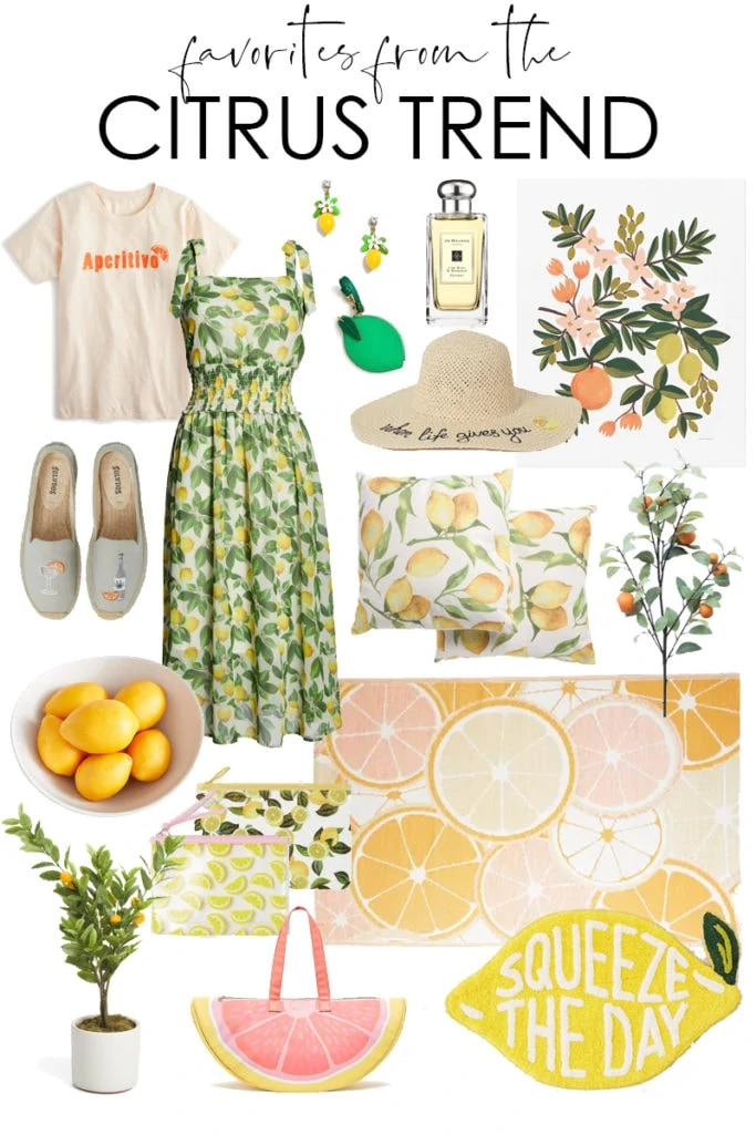 A collection of favorite home decor and fashion finds from the citrus trend! Includes lemon, orange, tangerine, grapefruit, lime (and more!) inspired decorations, dresses, accessories, clothing and more!