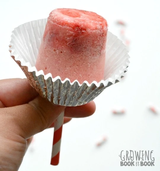 A mini cupcake popsicle with a red and white stick.