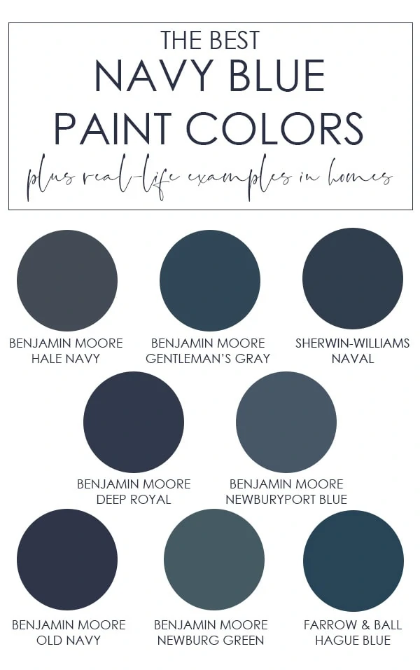 A selection of the best navy blue paint colors from a variety of paint brands. Learn the undertones of each to find which color is best for your home! Includes colors like Benjamin Moore Hale Navy, Sherwin-Williams Naval, and more!